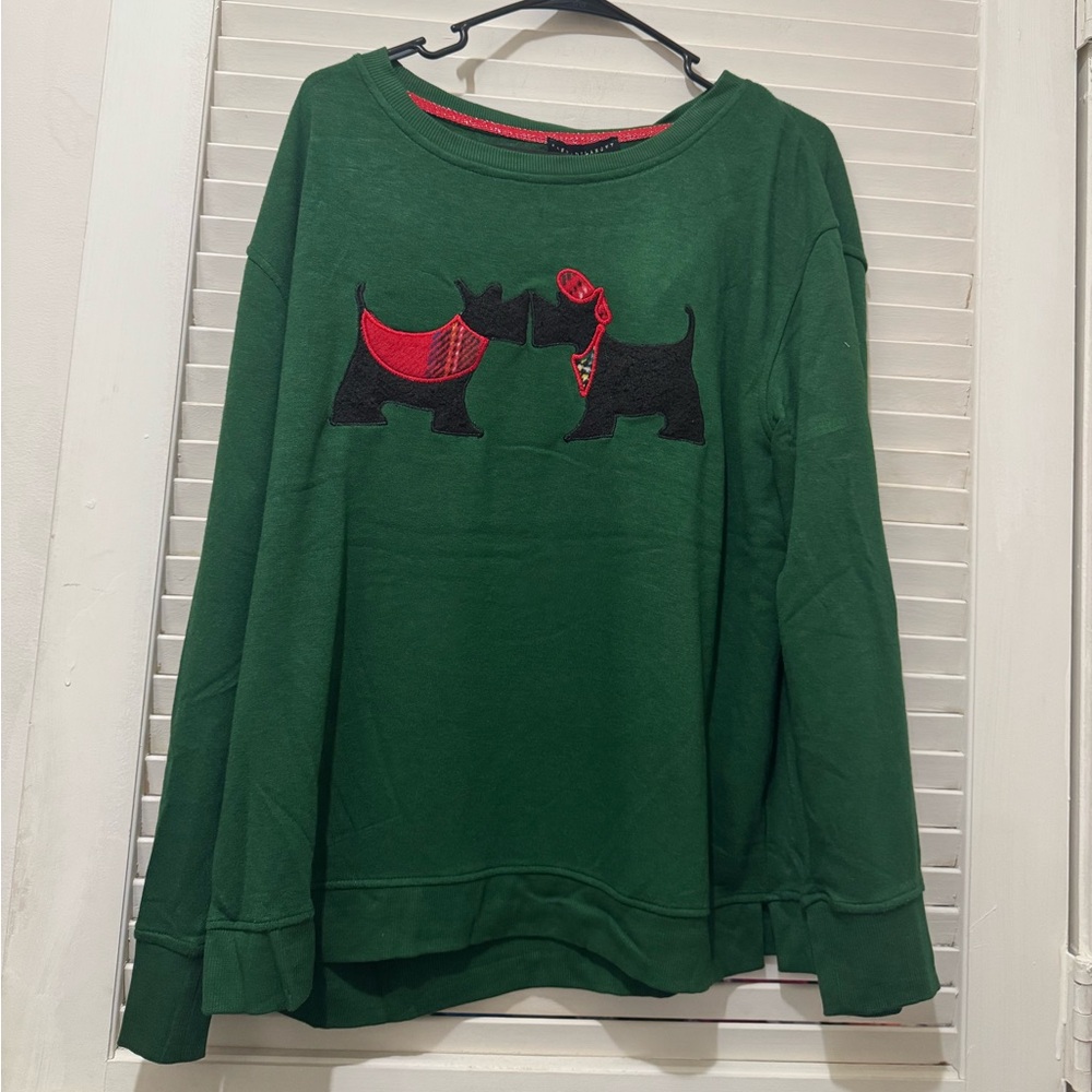 Jane and Delancey Green Sweatshirt with Dog Design